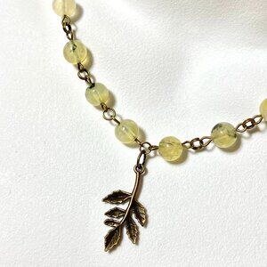 Natural Yellow Green Prehnite Necklace, Bronze Leaf Branch + Genuine Gemstone